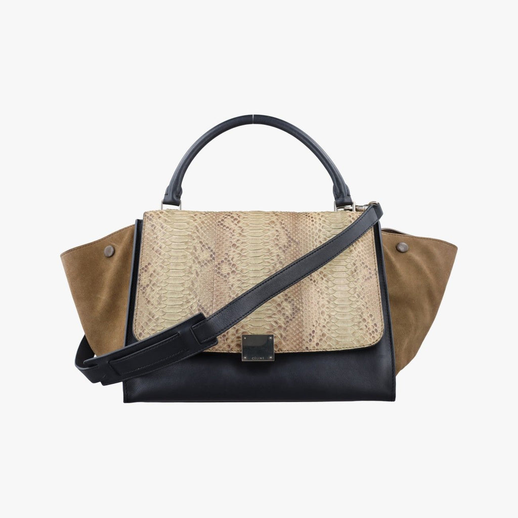 Celine Trapeze Medium Brown Black Beige Snakeskin Leather Handbag