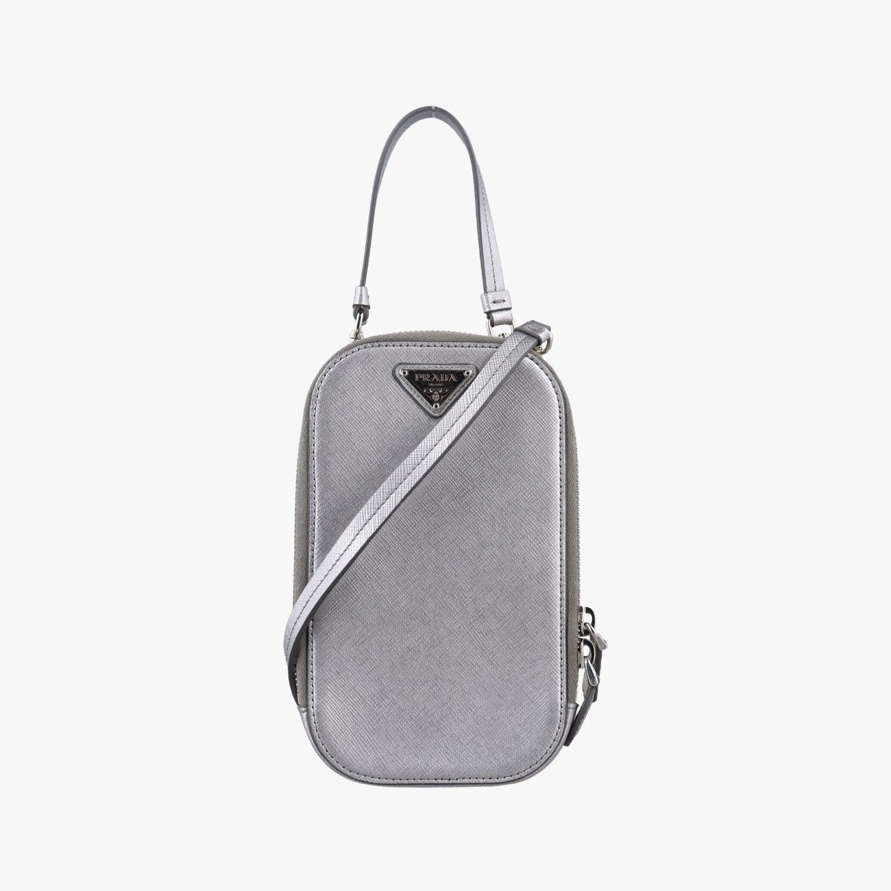 Prada Triangle Logo Silver Saffiano Leather 85