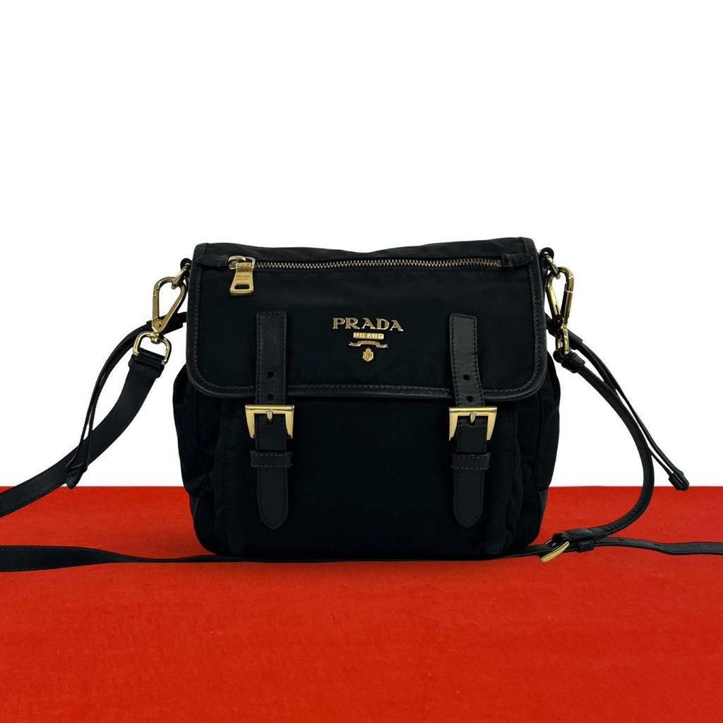 Prada Logo Tessuto Nylon Saffiano Leather Shoulder Bag Pochette Crossbody Black