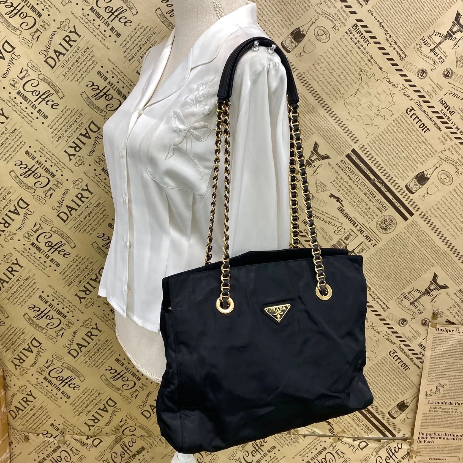 Prada Gold Chain Triangle Logo Shoulder Bag — view 3