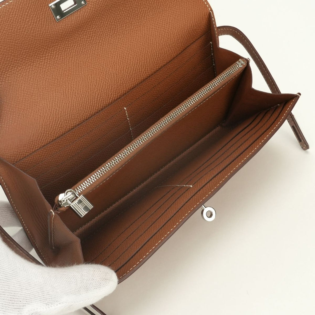 Hermes Kelly Wallet Long Epsom Gold Brown Silver Veau — view 8
