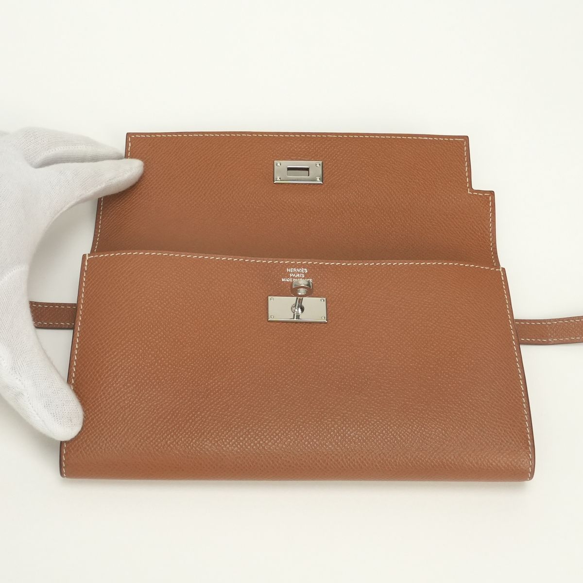 Hermes Kelly Wallet Long Epsom Gold Brown Silver Veau — view 5