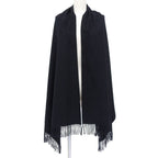 Hermes Cashmere 100% Logo Embroidery Large Shawl Scarf with Fringe Black — view 2