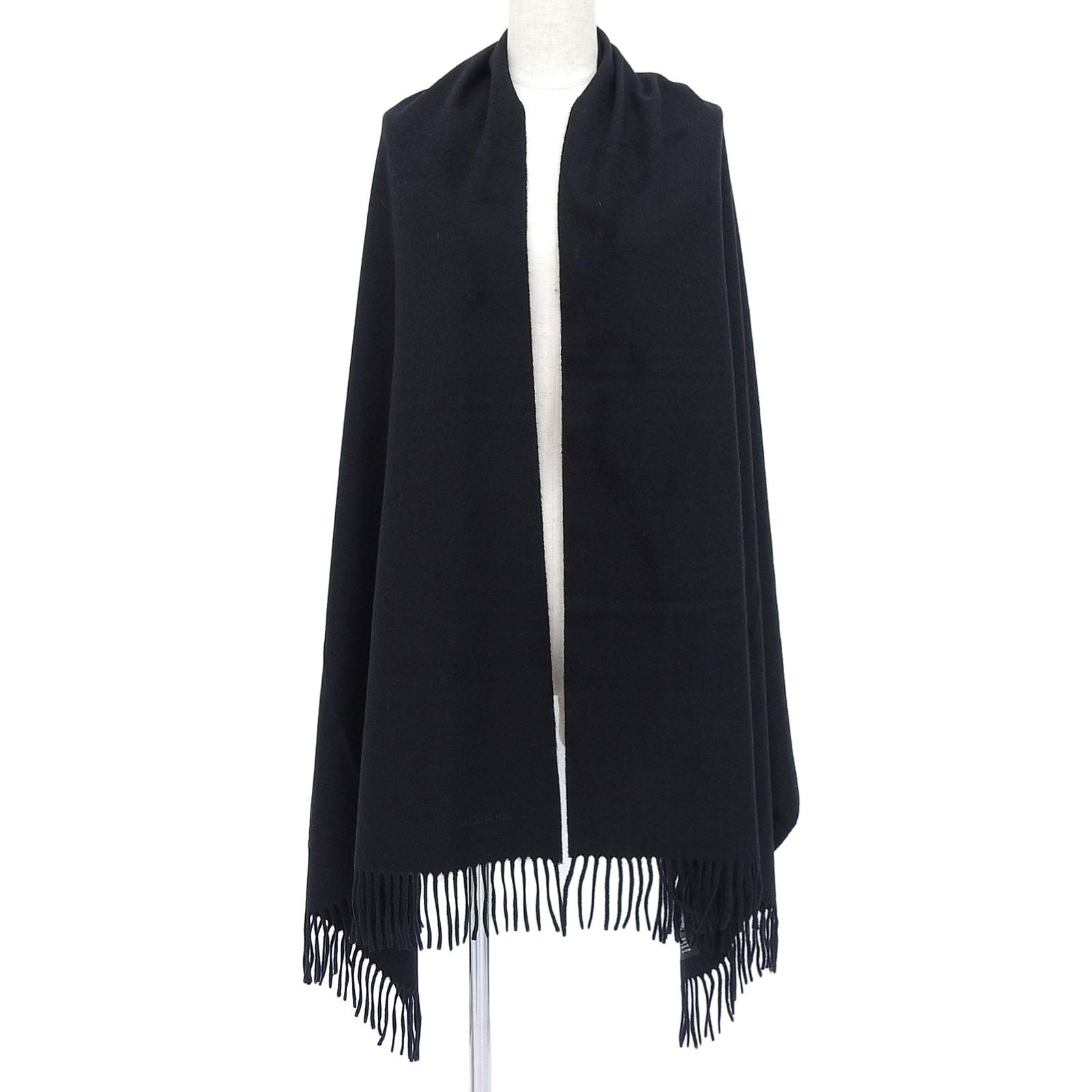 Hermes Cashmere 100% Logo Embroidery Large Shawl Scarf with Fringe Black — view 2