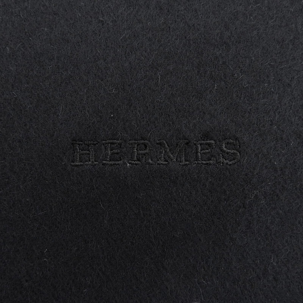 Hermes Cashmere 100% Logo Embroidery Large Shawl Scarf with Fringe Black — view 5