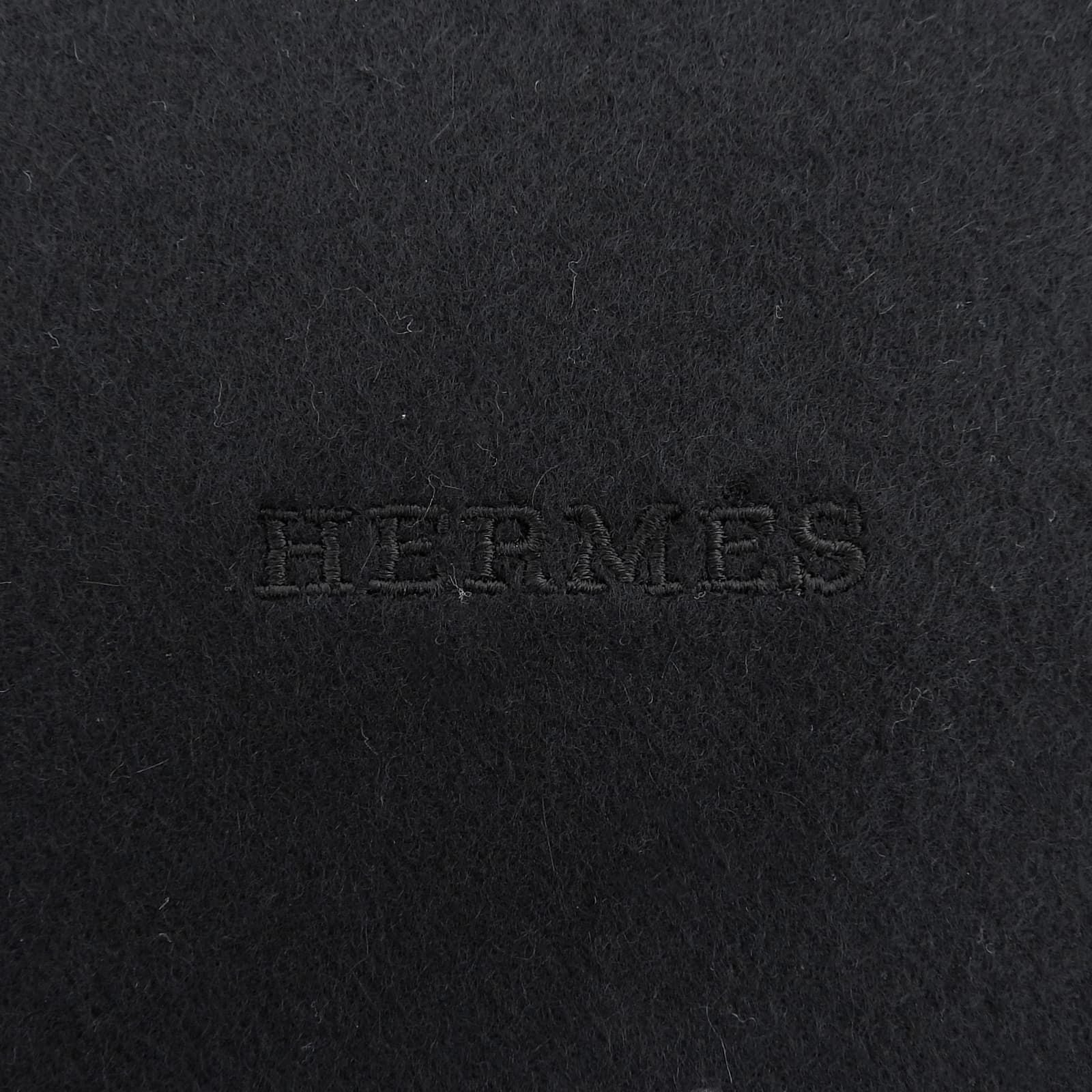 Hermes Cashmere 100% Logo Embroidery Large Shawl Scarf with Fringe Black — view 5