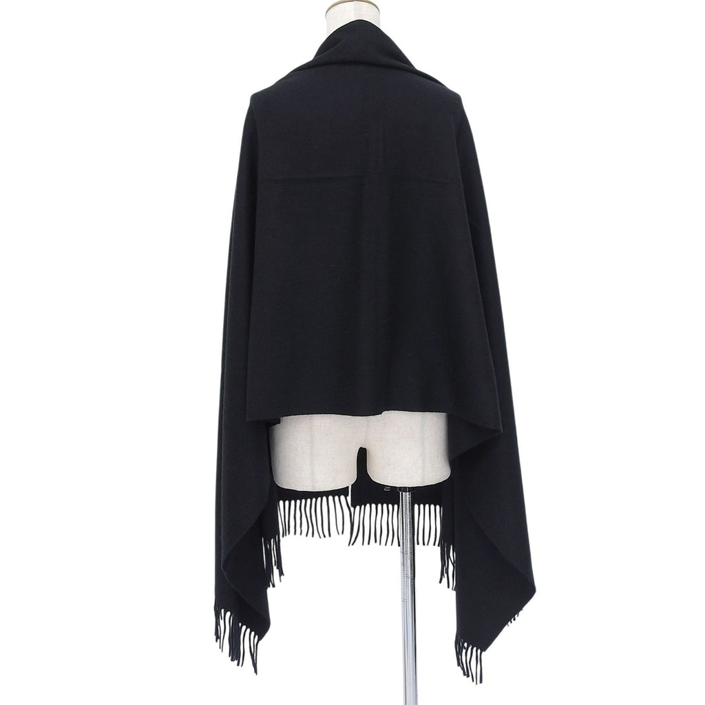 Hermes Cashmere 100% Logo Embroidery Large Shawl Scarf with Fringe Black — view 3