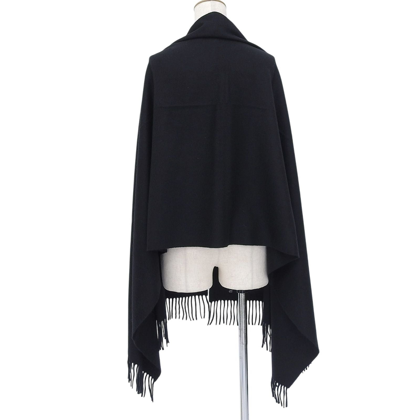 Hermes Cashmere 100% Logo Embroidery Large Shawl Scarf with Fringe Black — view 3