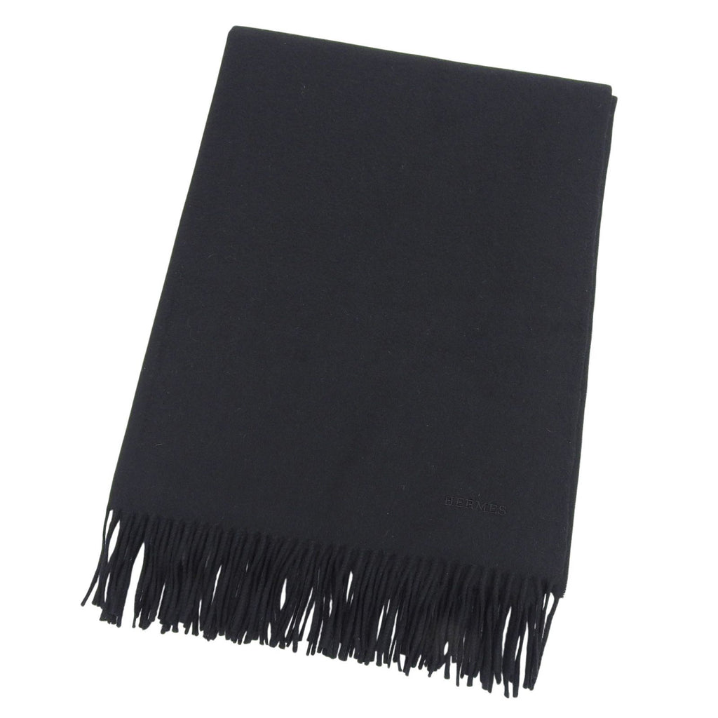 Hermes Cashmere 100% Logo Embroidery Large Shawl Scarf with Fringe Black