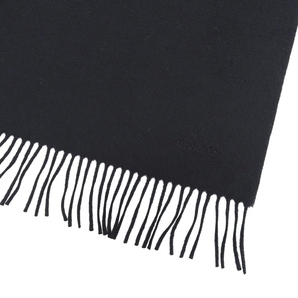 Hermes Cashmere 100% Logo Embroidery Large Shawl Scarf with Fringe Black — view 6