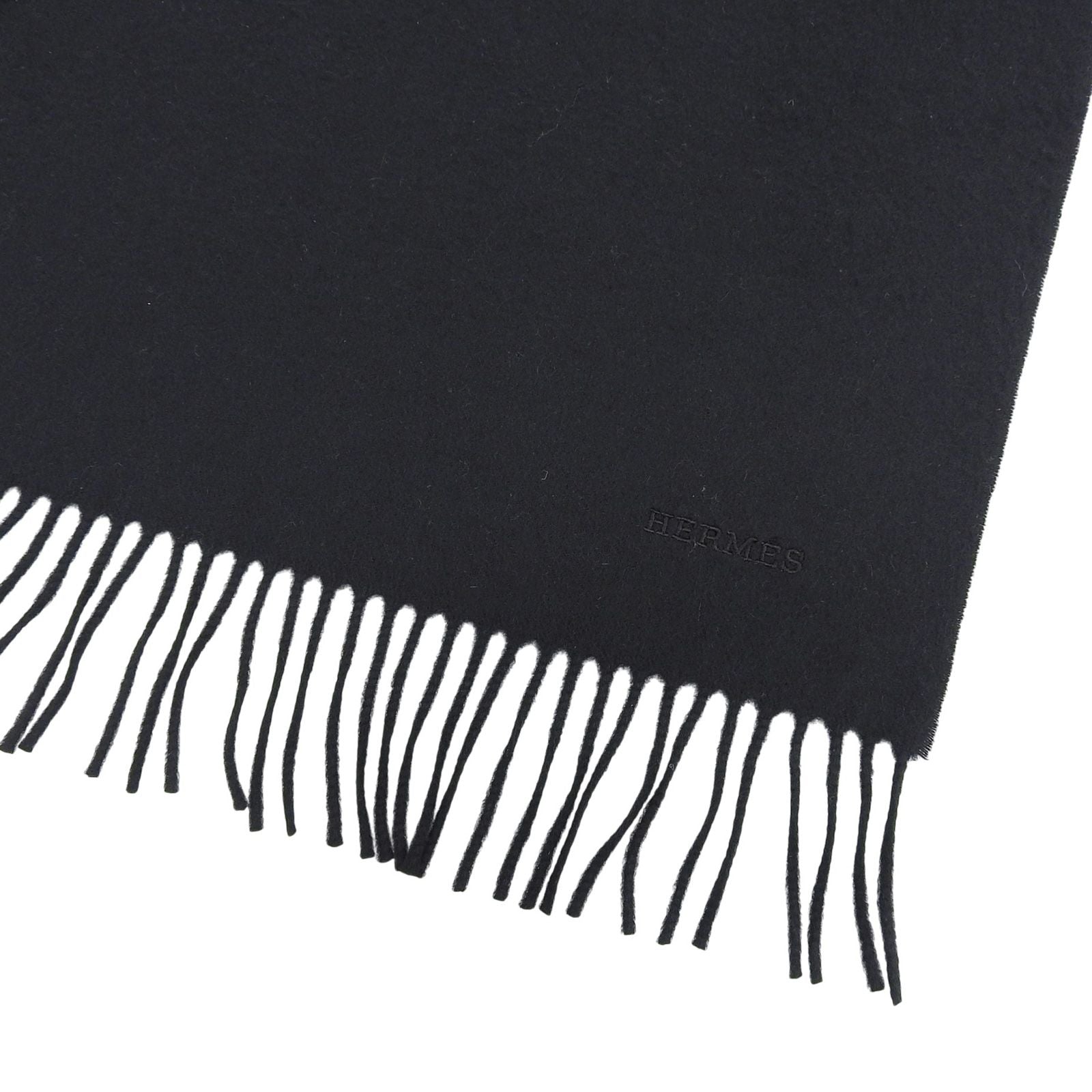 Hermes Cashmere 100% Logo Embroidery Large Shawl Scarf with Fringe Black — view 6