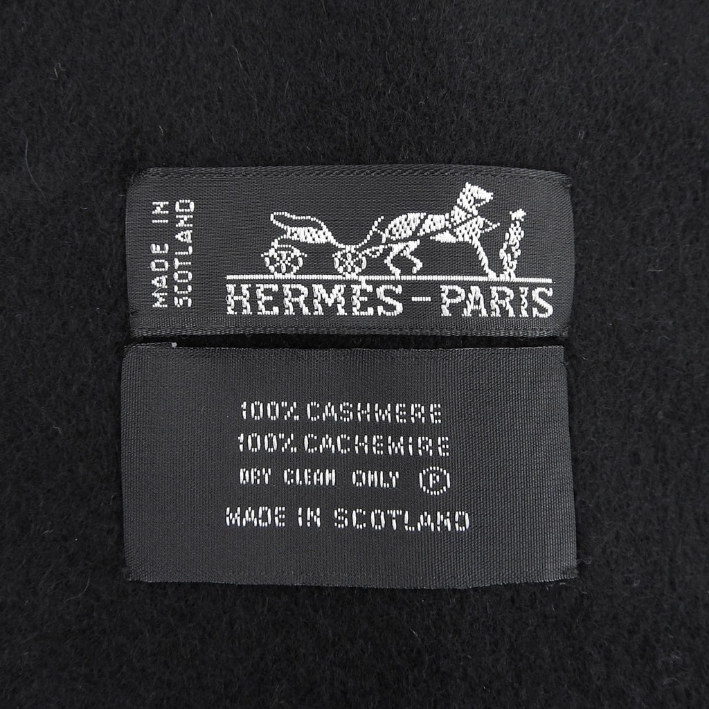 Hermes Cashmere 100% Logo Embroidery Large Shawl Scarf with Fringe Black — view 8