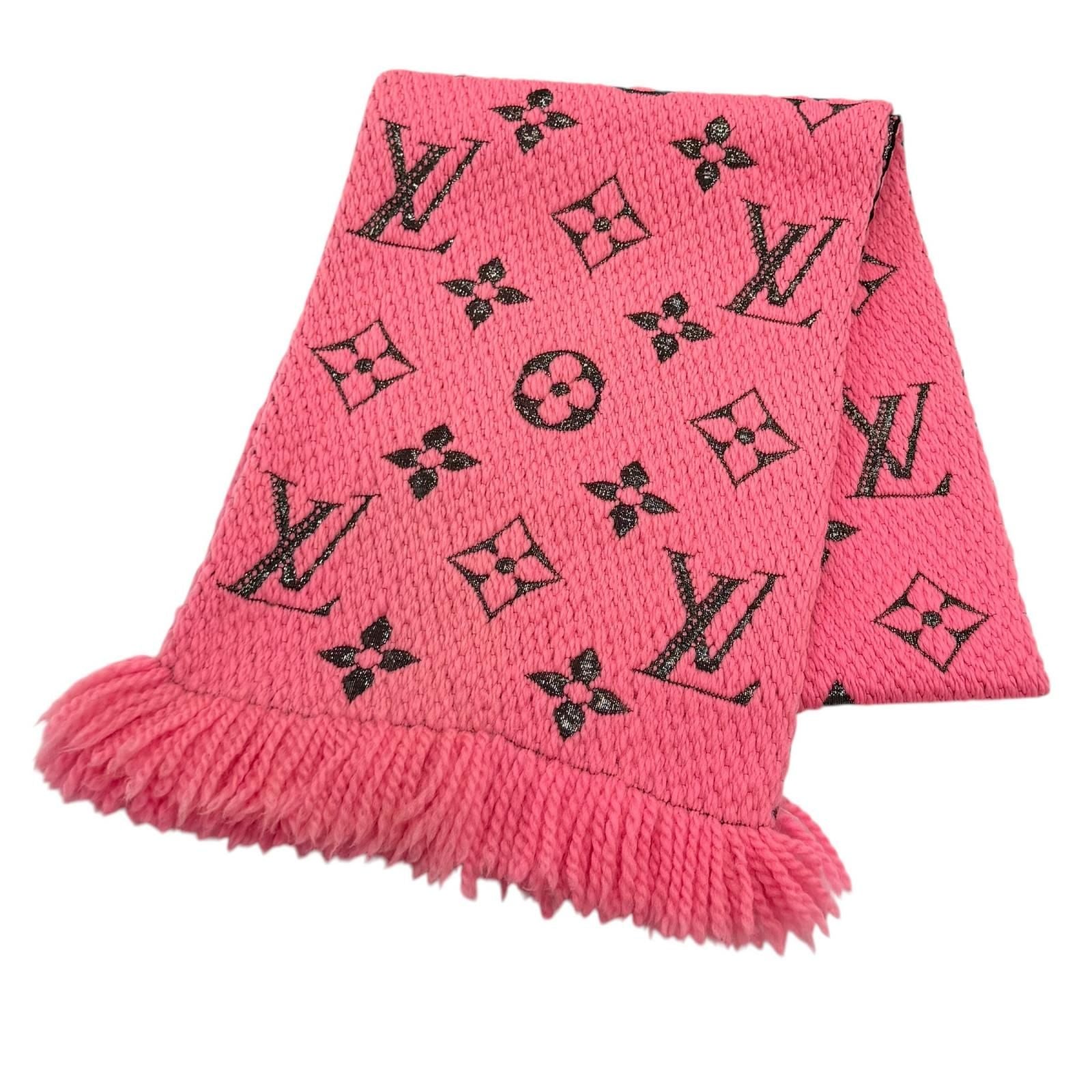 Louis Vuitton Logomania Scarf Shine Virgin Wool Silk Blend Rose Pop Fringe