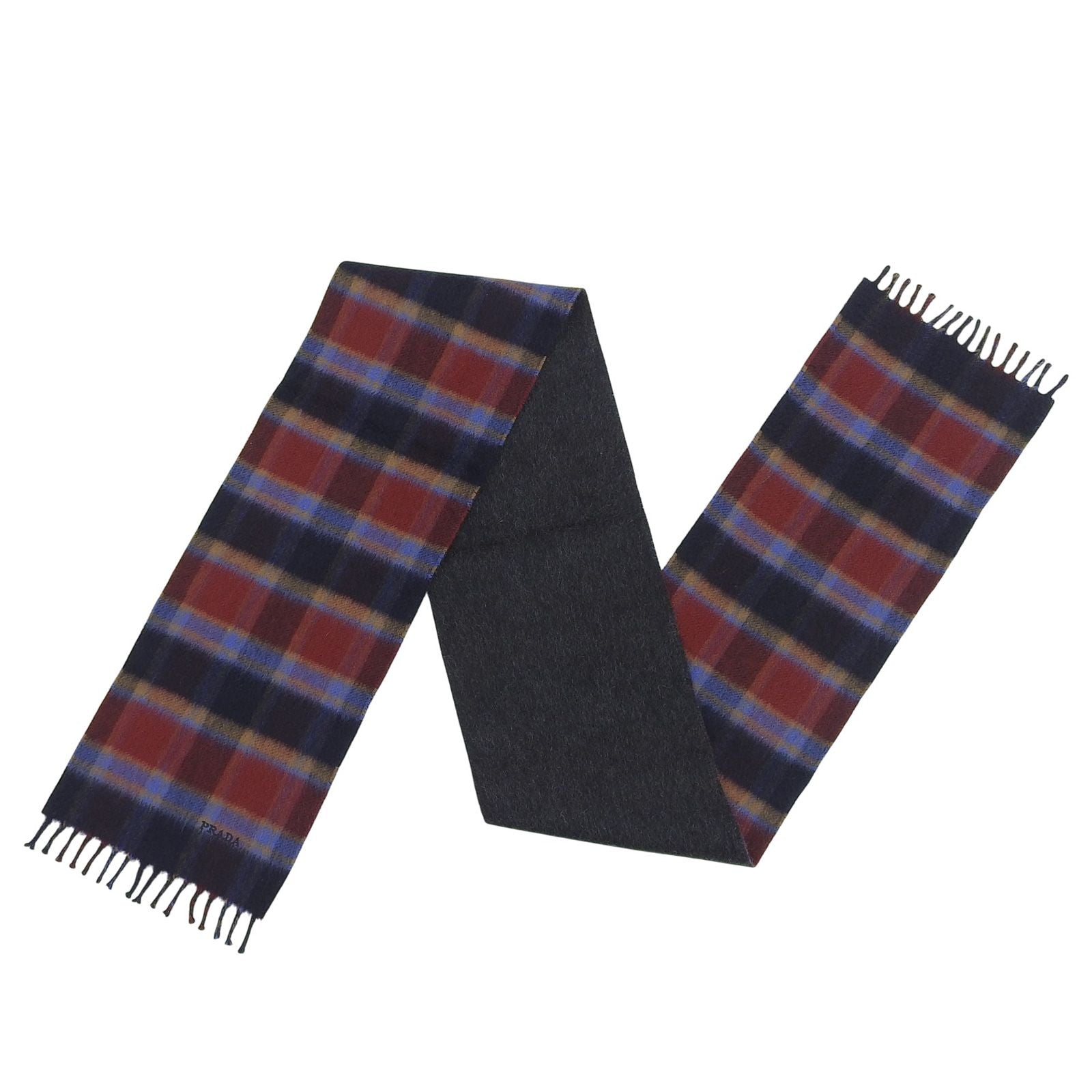 Prada Cashmere 100% Plaid Logo Embroidery Scarf with Fringe Multi TU — view 6