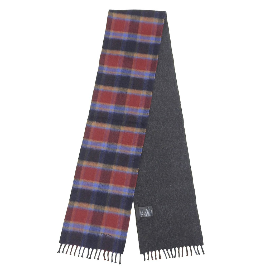 Prada Cashmere 100% Plaid Logo Embroidery Scarf with Fringe Multi TU — view 3