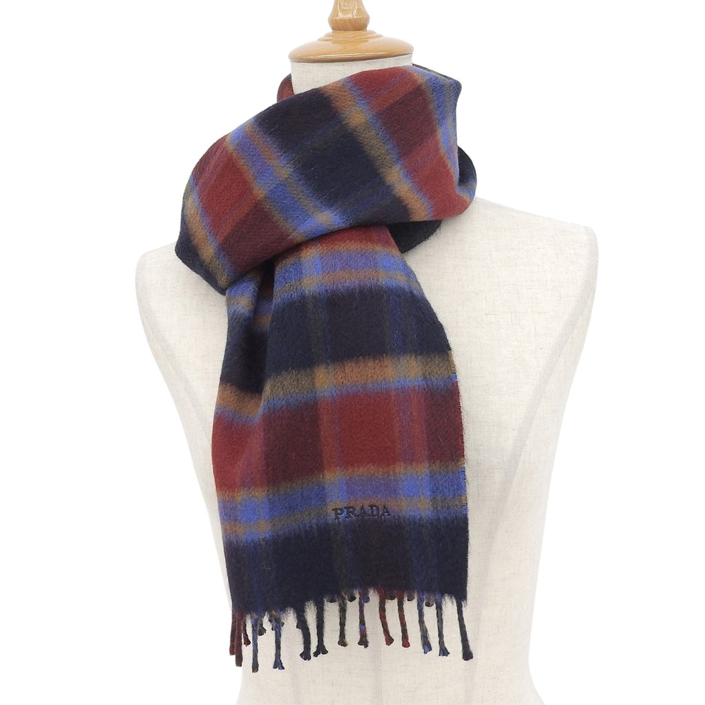 Prada Cashmere 100% Plaid Logo Embroidery Scarf with Fringe Multi TU — view 2