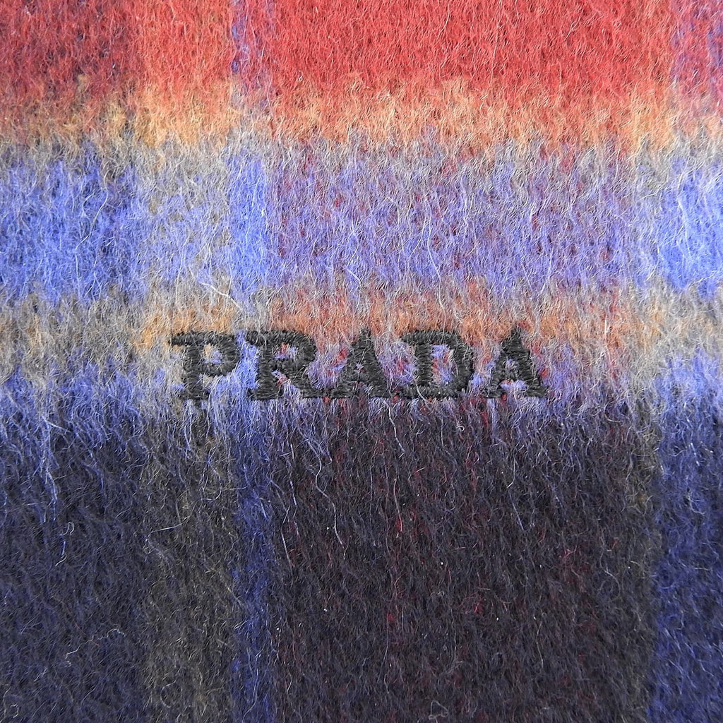 Prada Cashmere 100% Plaid Logo Embroidery Scarf with Fringe Multi TU — view 7