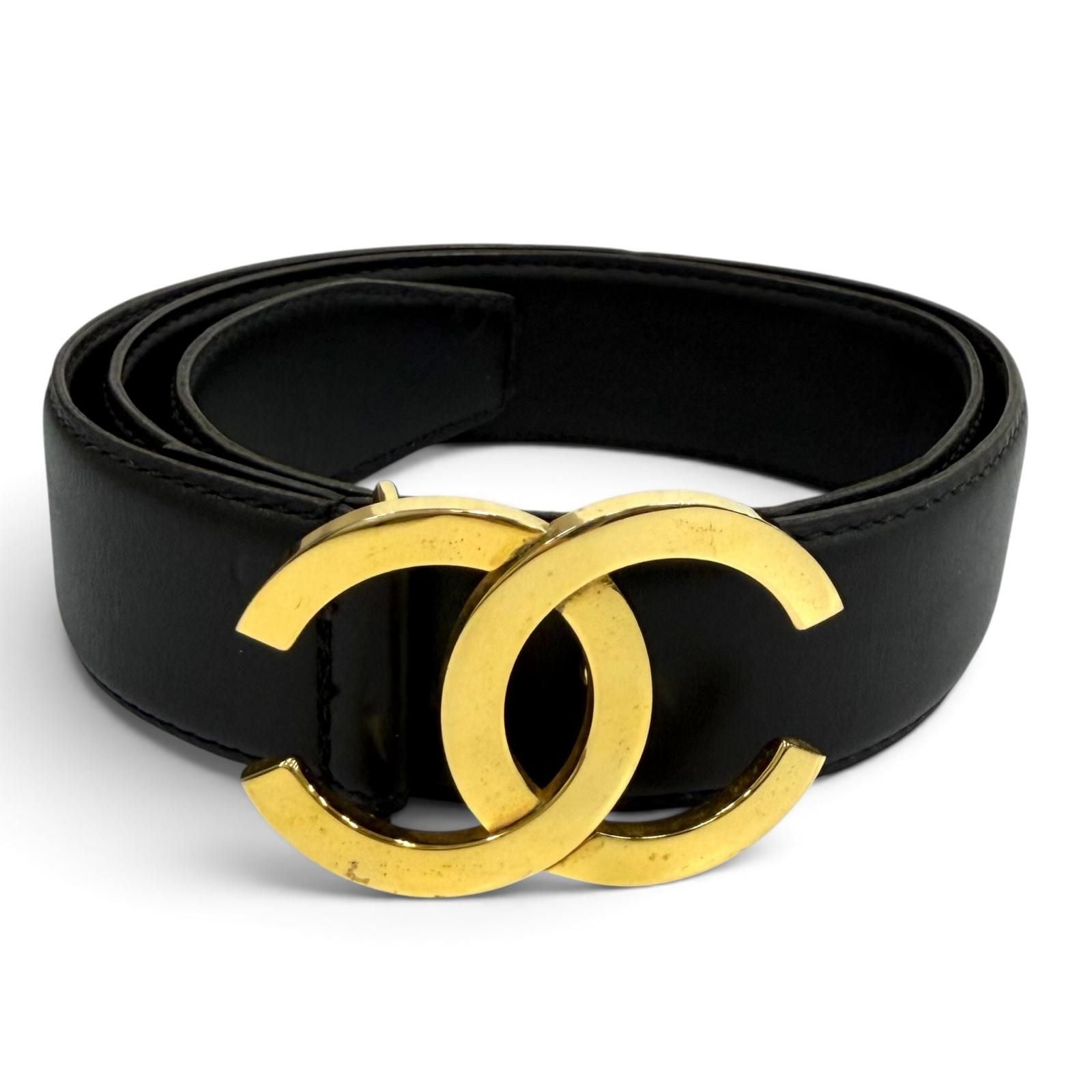 Chanel Vintage CC Logo Leather Belt Black Gold 65/26