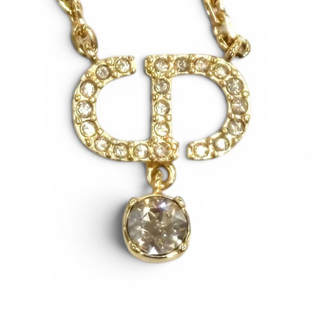 Dior Petit CD Necklace Rhinestone Pendant Gold