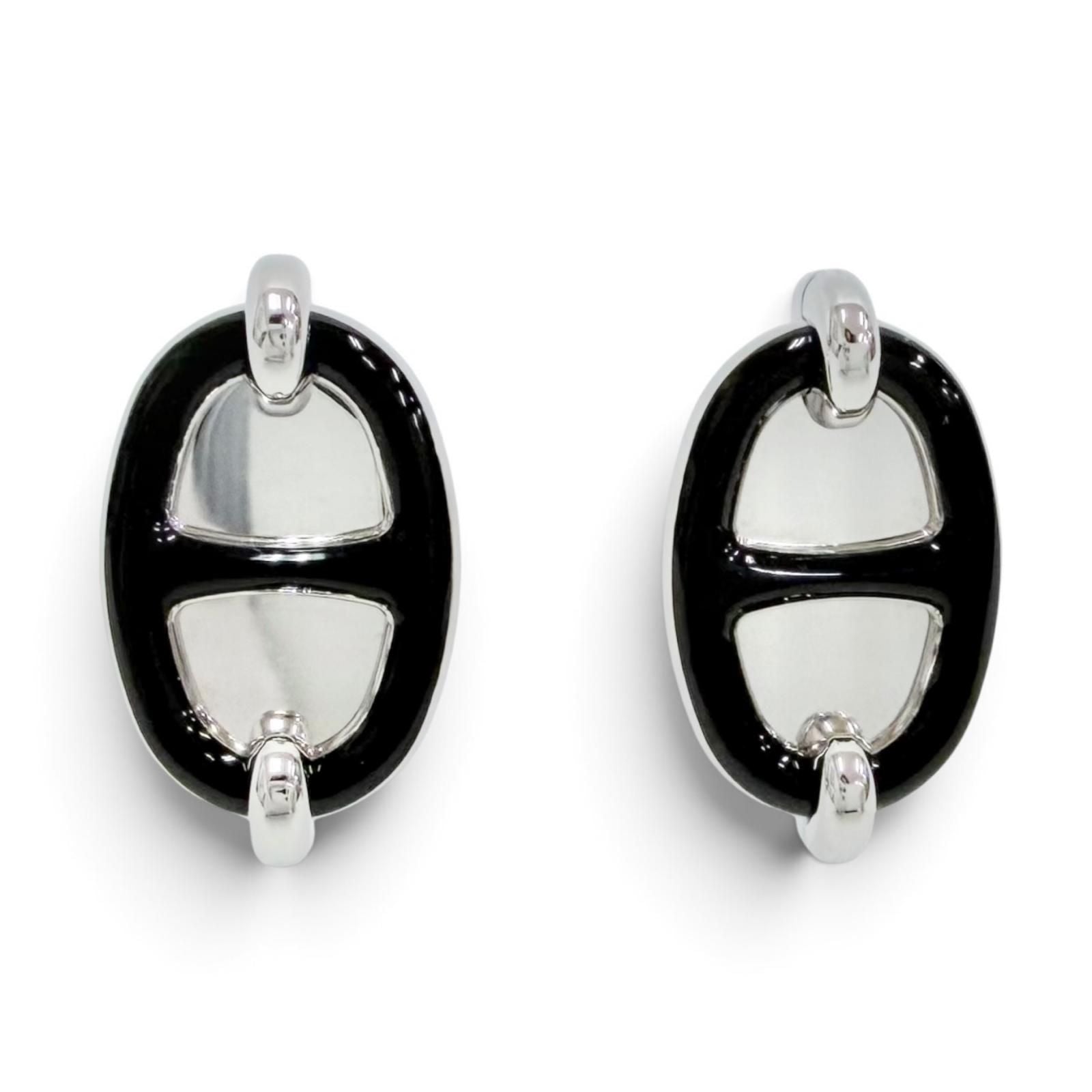 Hermes Mini Maillon Silvery Chaine D'ancre Earrings Silver Black