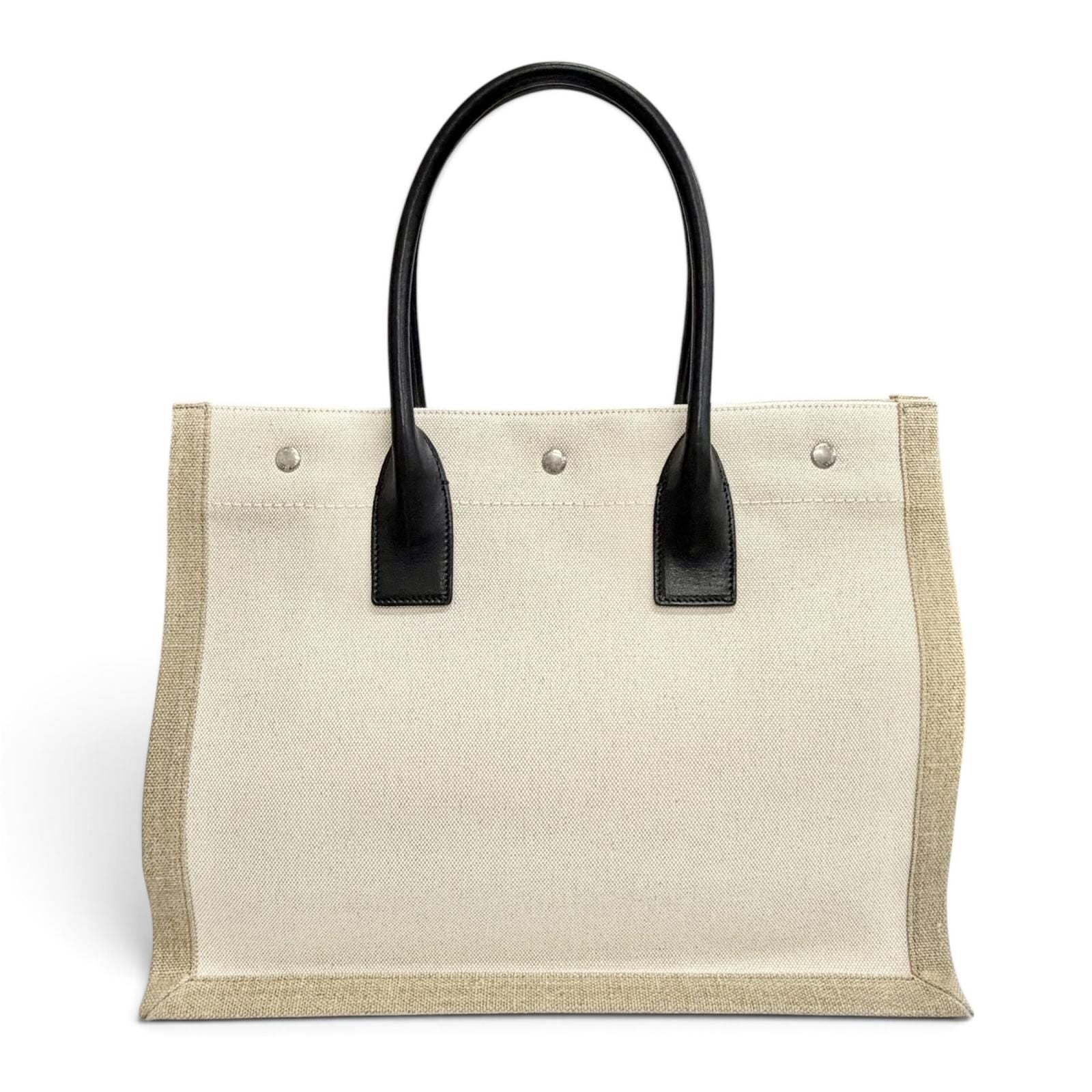 Saint Laurent Paris Canvas Leather Rive Gauche Logo Large Shape Tote Bag Beige — view 3