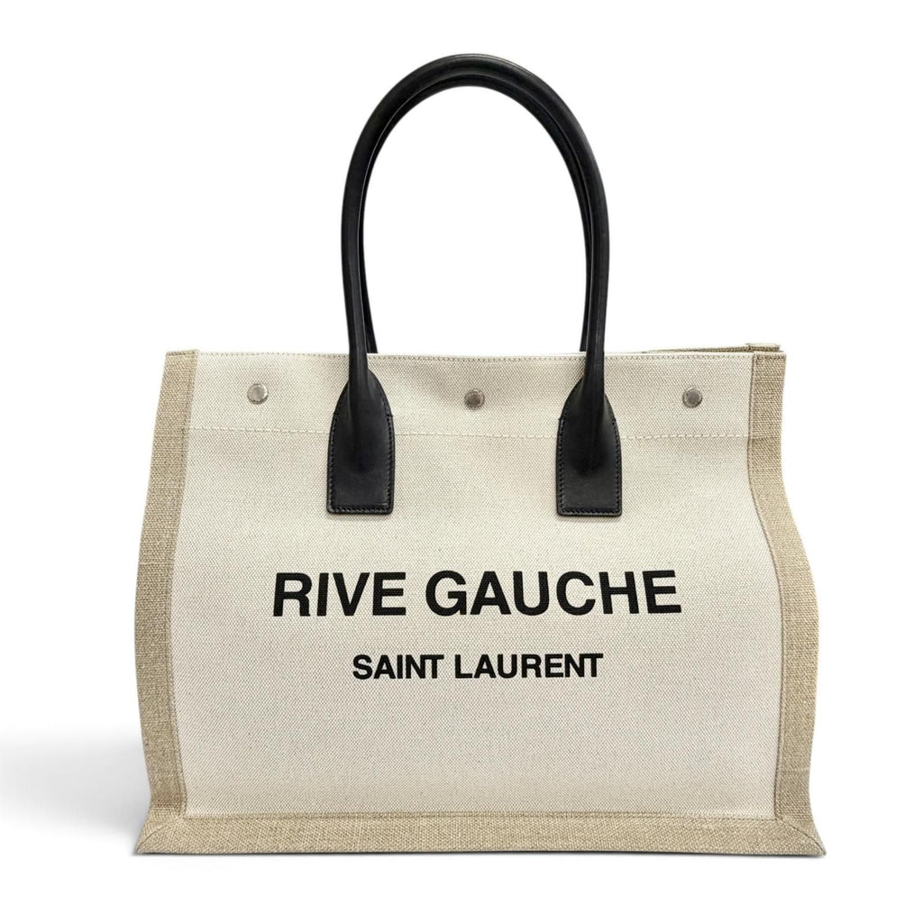 Saint Laurent Paris Canvas Leather Rive Gauche Logo Large Shape Tote Bag Beige
