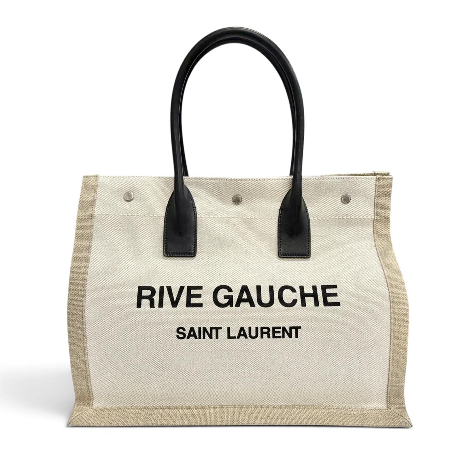 Saint Laurent Paris Canvas Leather Rive Gauche Logo Large Shape Tote Bag Beige