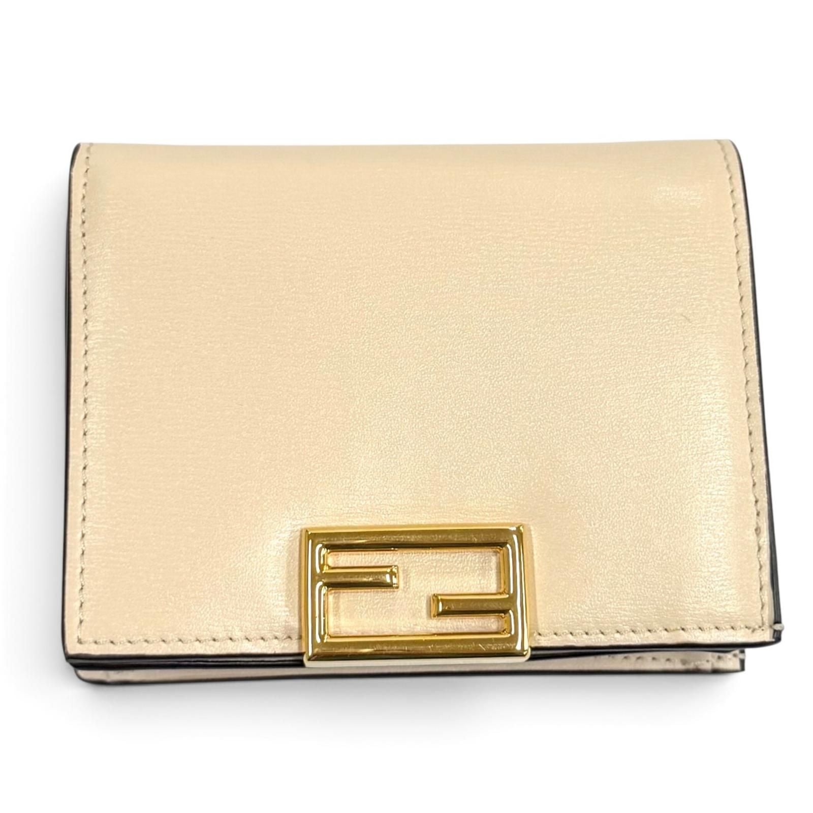 Fendi FF Lining Pecan Leather Small Wallet Bifold Beige Gold