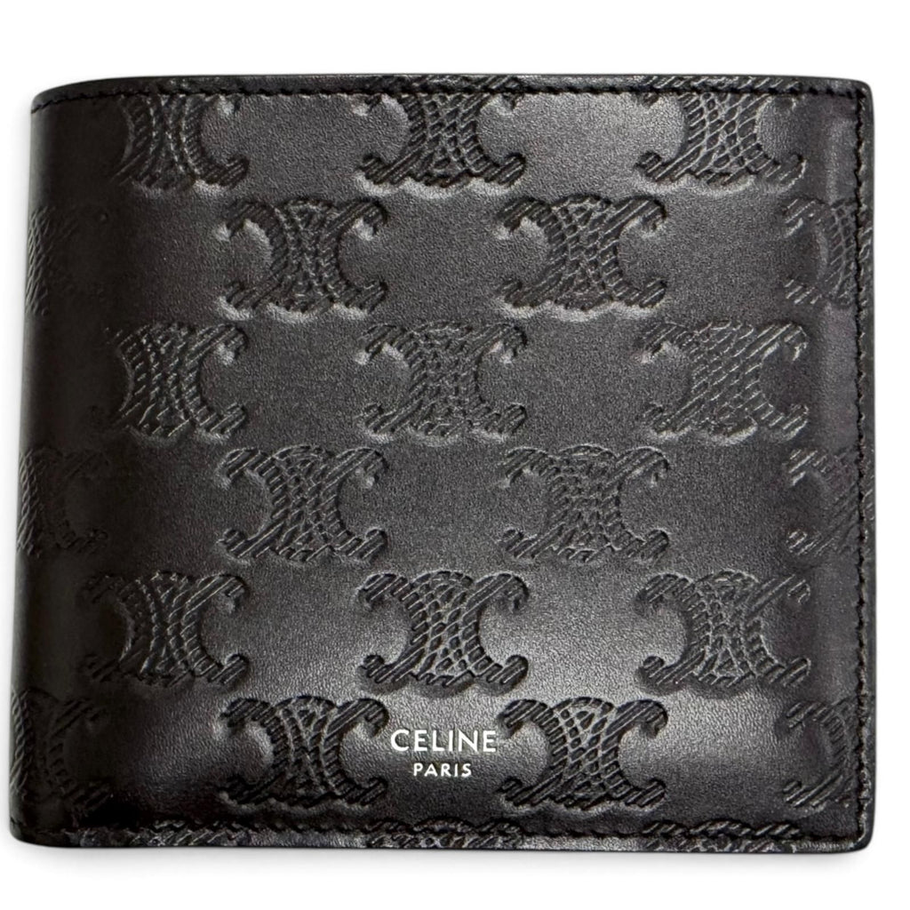 Celine Calfskin Triomphe Embossed Compact Wallet Bifold Black