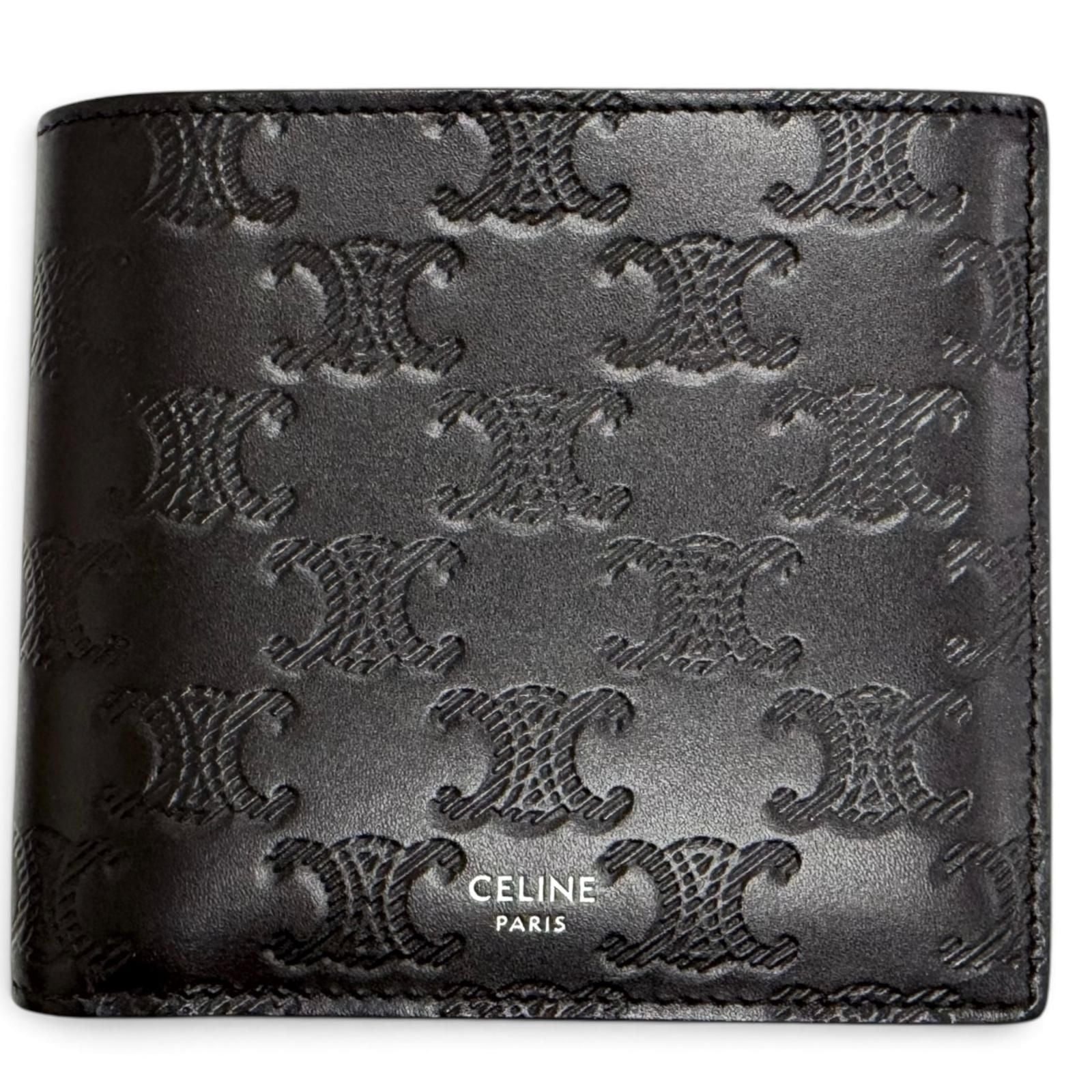Celine Calfskin Triomphe Embossed Compact Wallet Bifold Black
