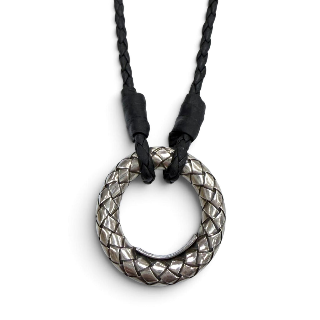 Bottega Veneta Leather Intrecciato Circle Necklace Silver Black