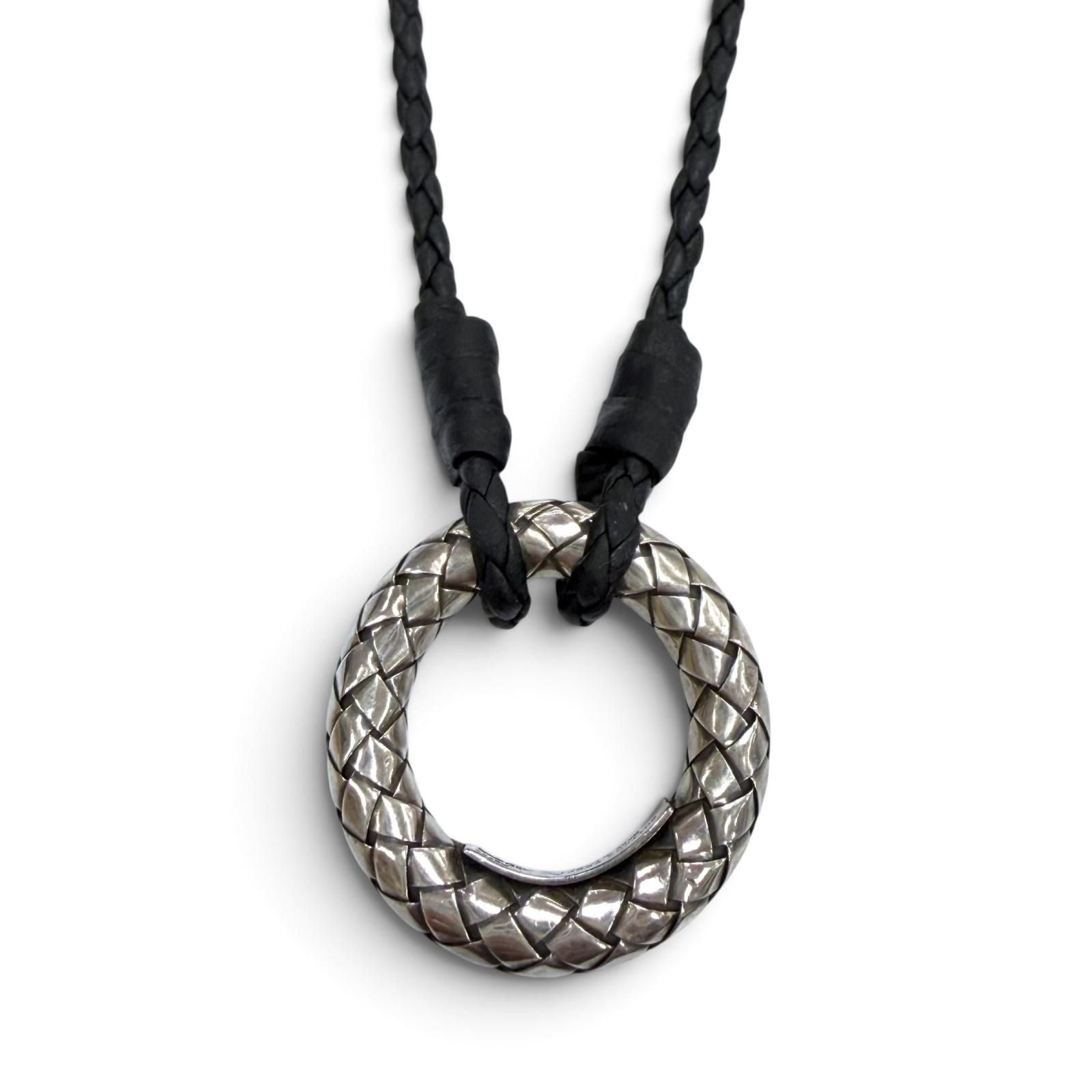 Bottega Veneta Leather Intrecciato Circle Necklace Silver Black