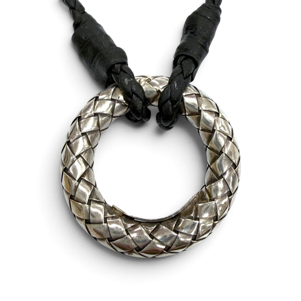 Bottega Veneta Leather Intrecciato Circle Necklace Silver Black — view 4