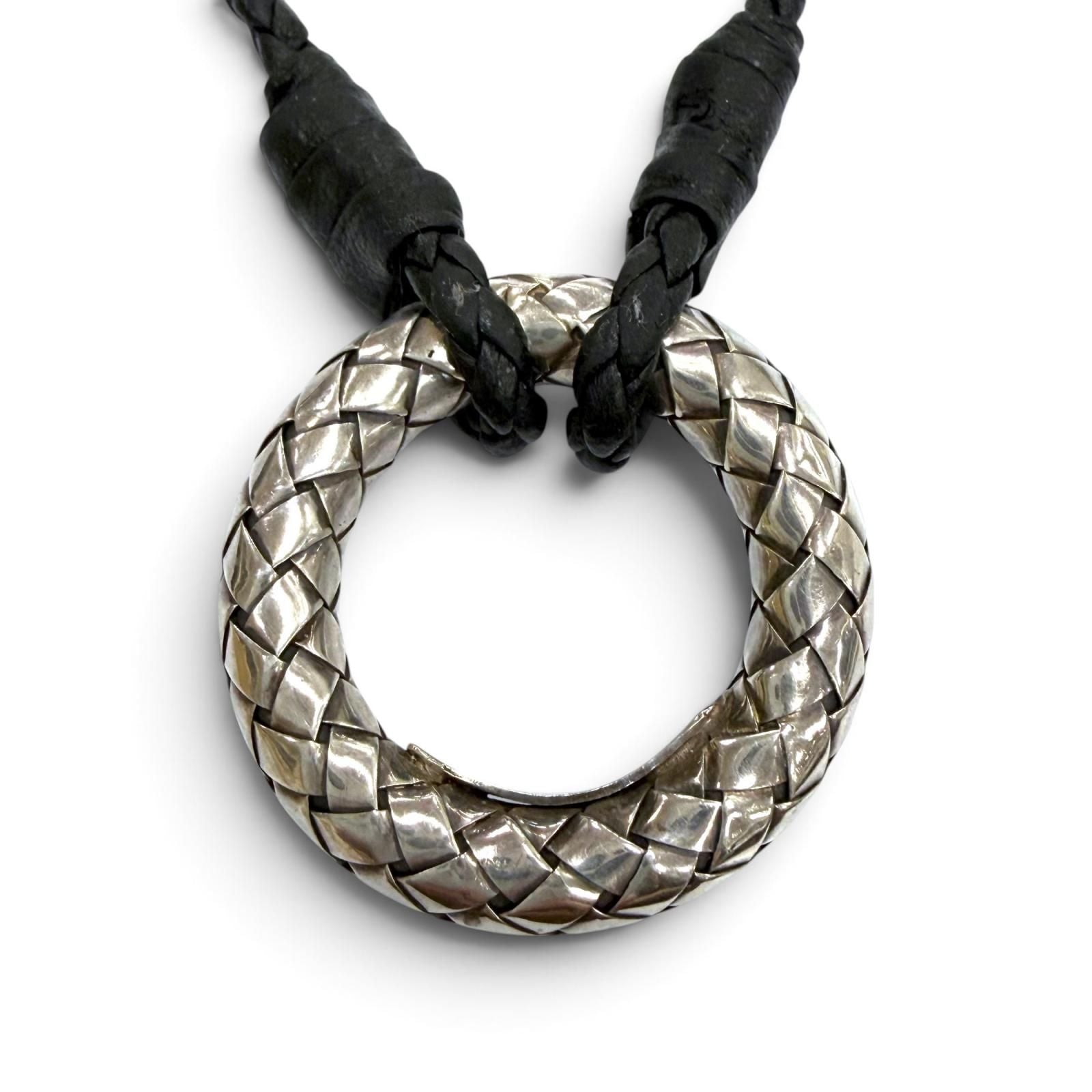 Bottega Veneta Leather Intrecciato Circle Necklace Silver Black — view 4