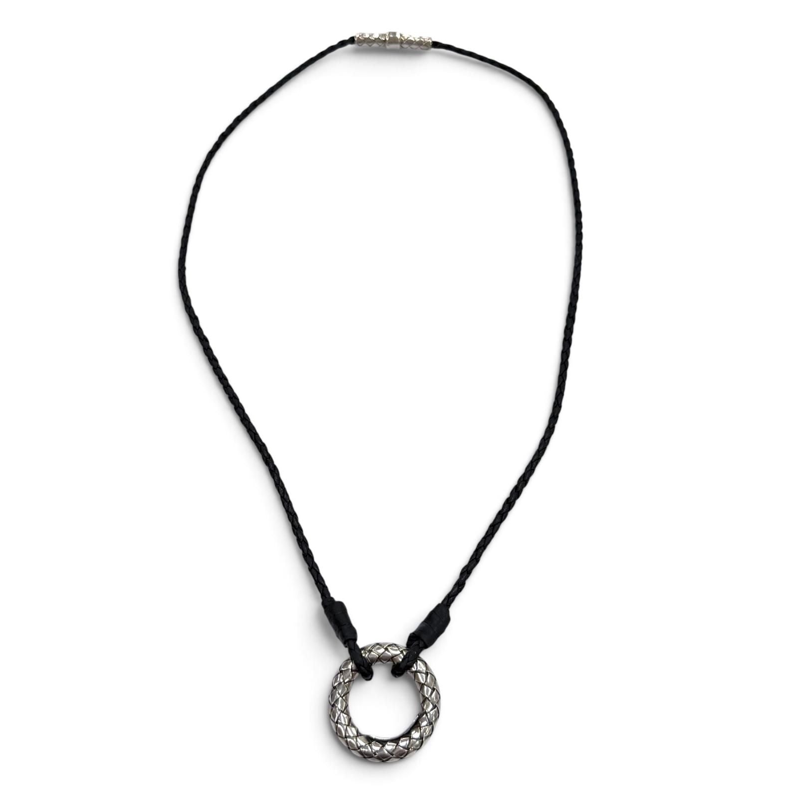 Bottega Veneta Leather Intrecciato Circle Necklace Silver Black — view 3