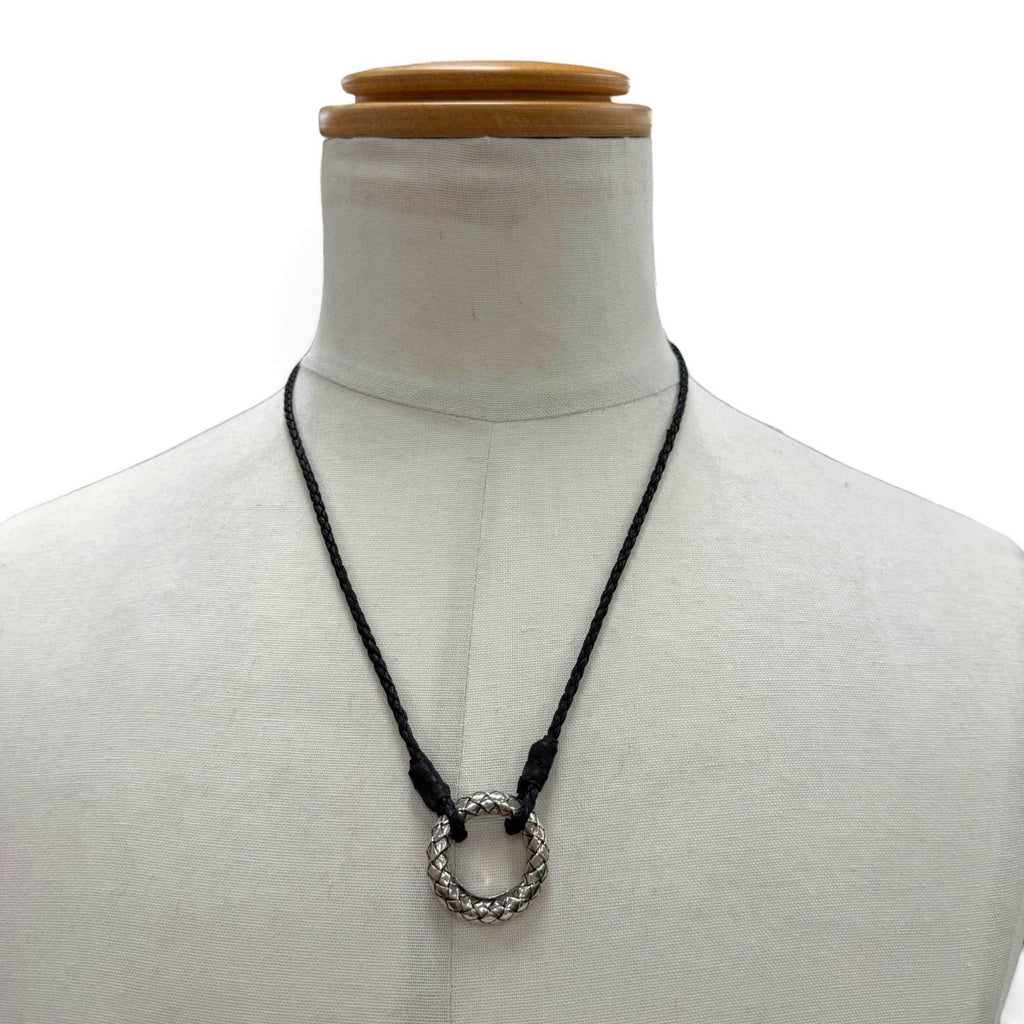 Bottega Veneta Leather Intrecciato Circle Necklace Silver Black — view 2