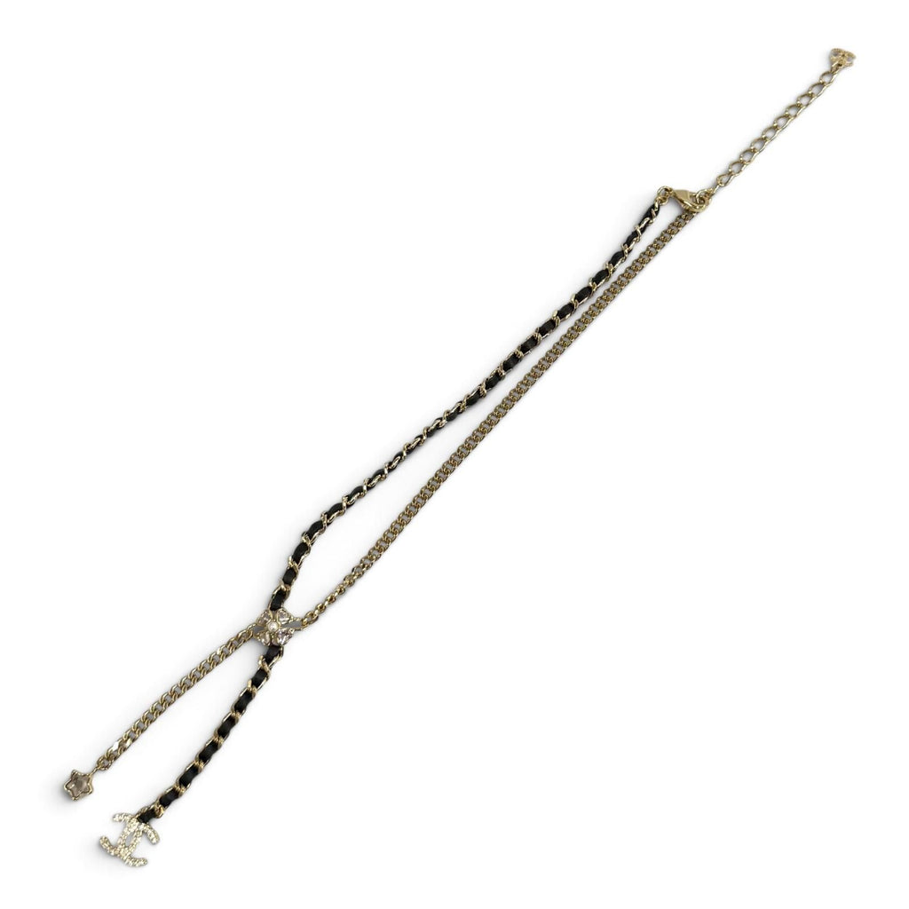 Chanel CC Logo Leather Star Clover Chain Necklace Gold Black — view 5