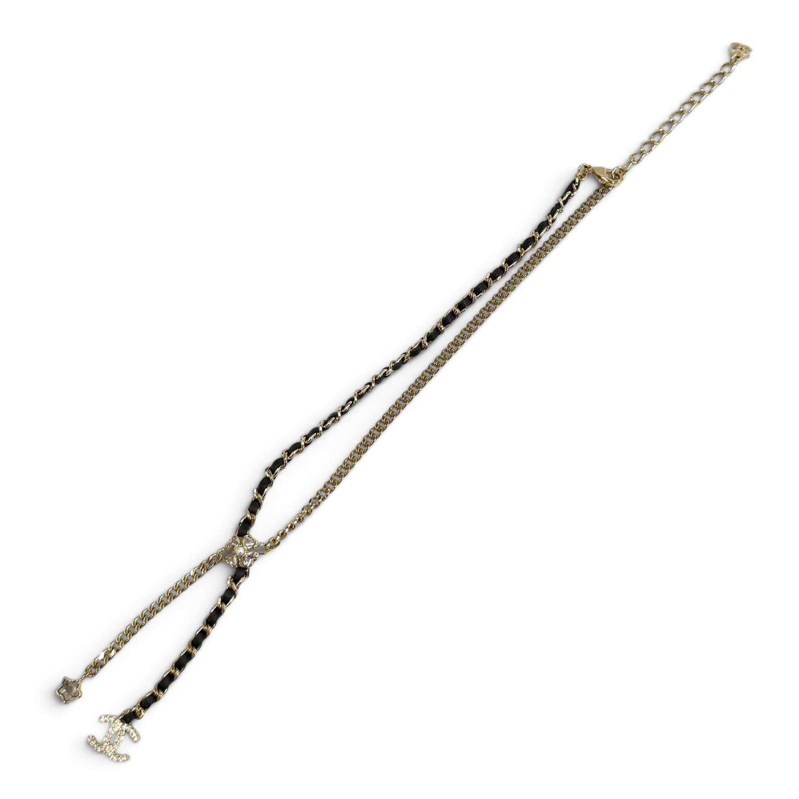Chanel CC Logo Leather Star Clover Chain Necklace Gold Black — view 5