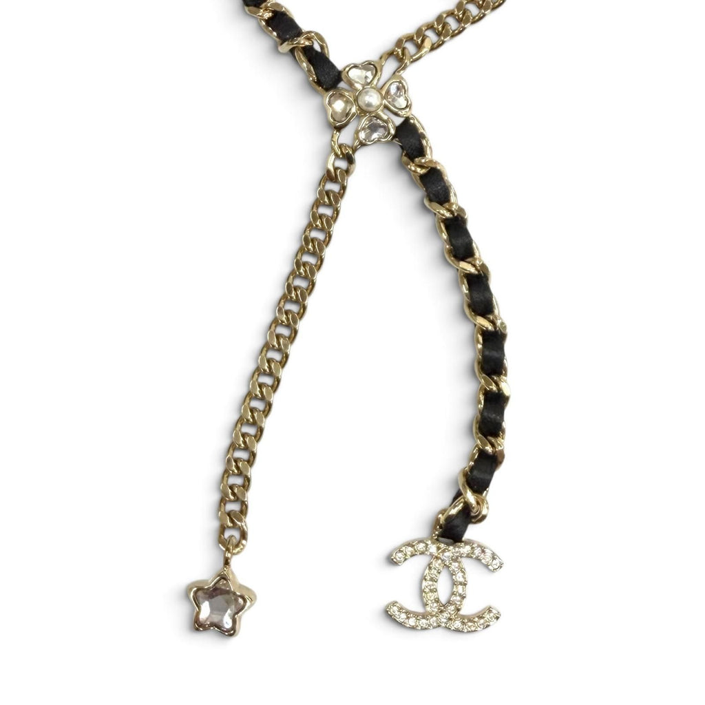 Chanel CC Logo Leather Star Clover Chain Necklace Gold Black — view 3
