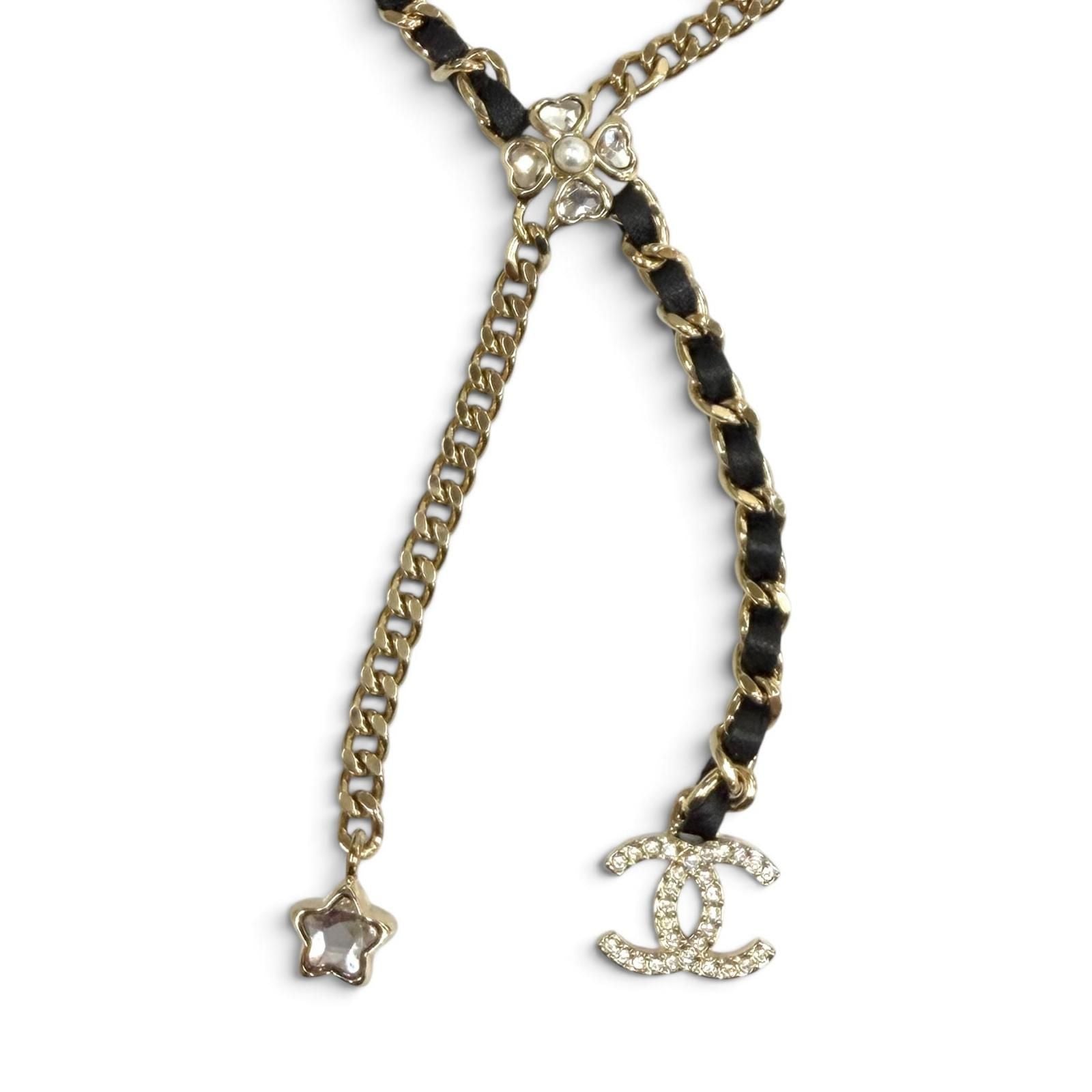 Chanel CC Logo Leather Star Clover Chain Necklace Gold Black — view 3