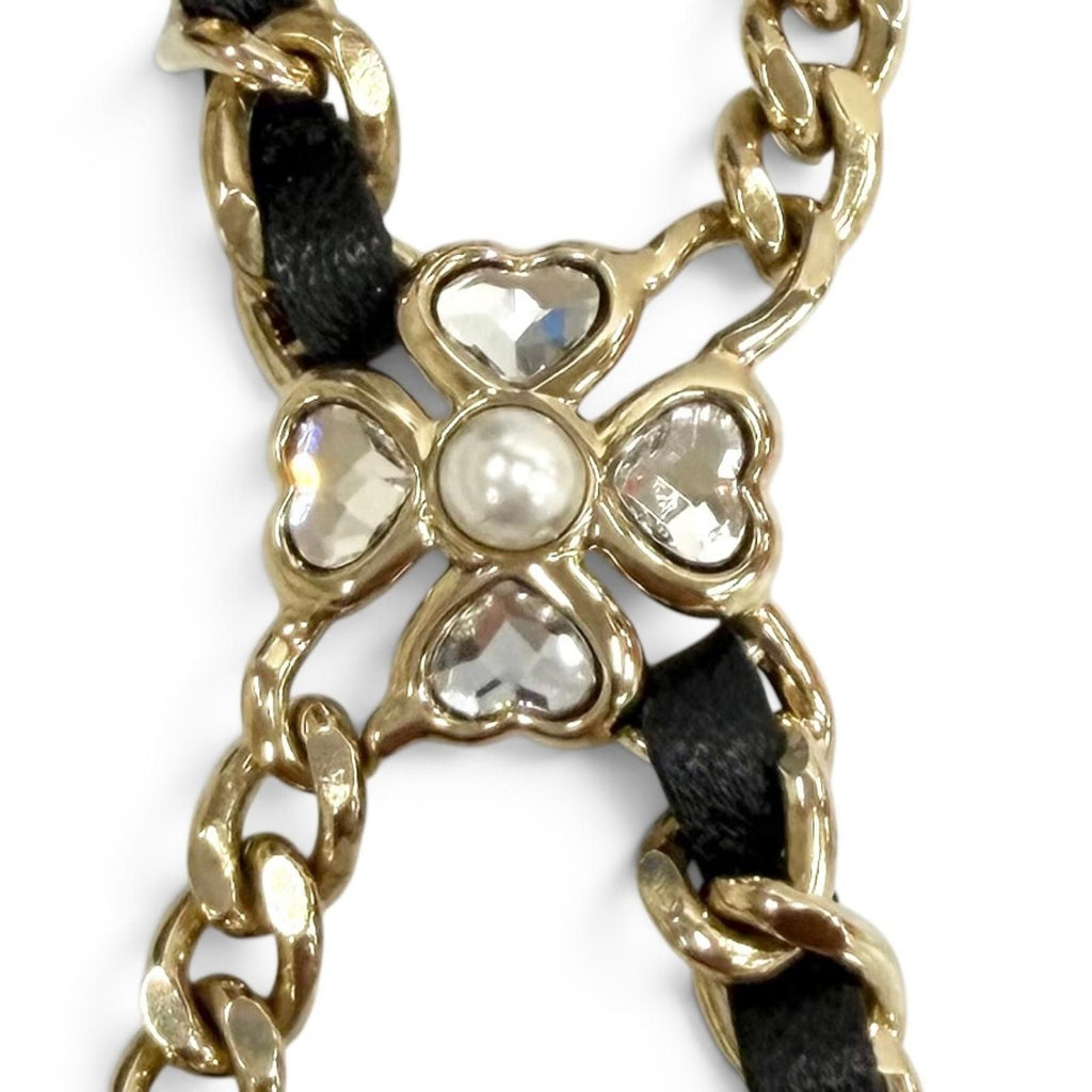 Chanel CC Logo Leather Star Clover Chain Necklace Gold Black — view 8