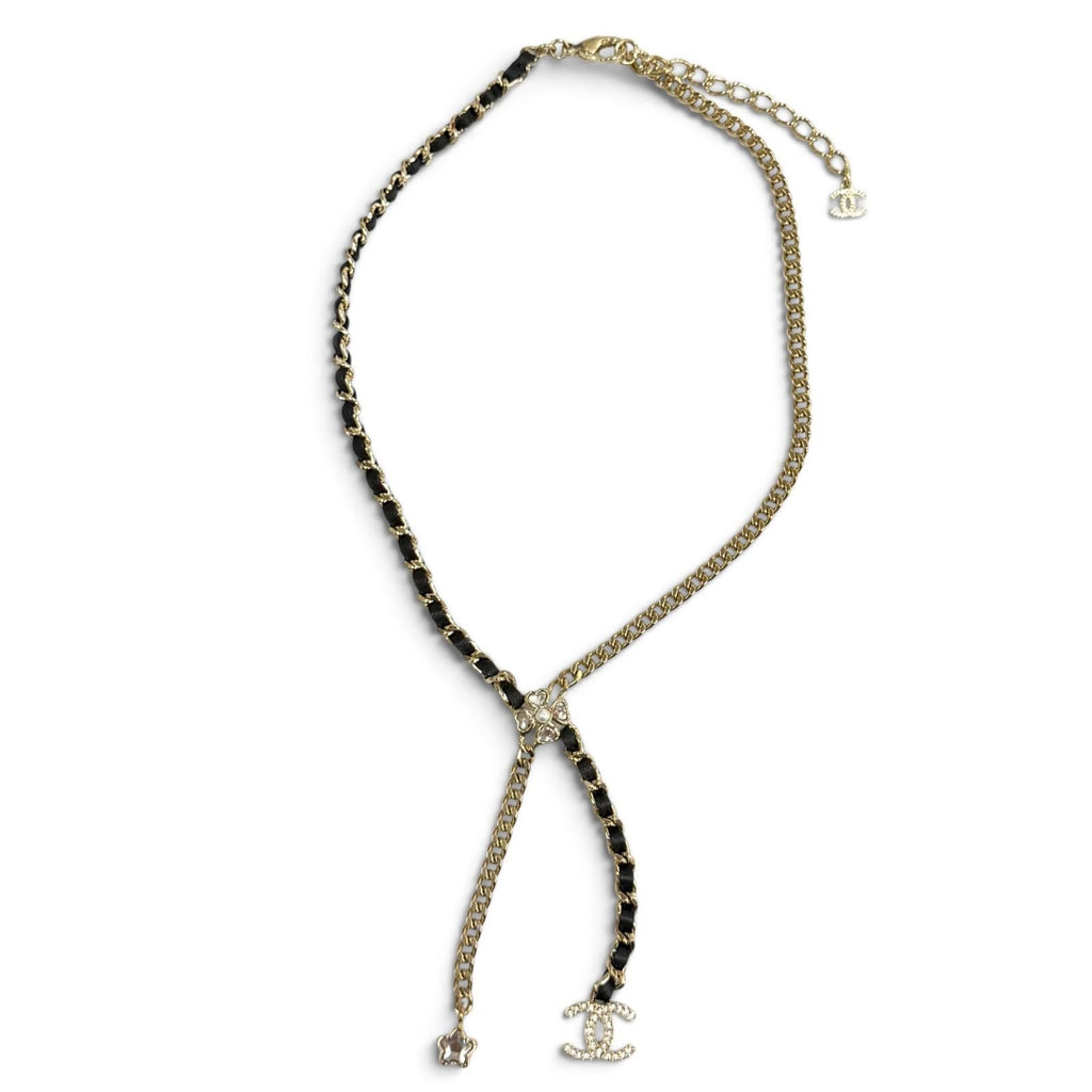 Chanel CC Logo Leather Star Clover Chain Necklace Gold Black