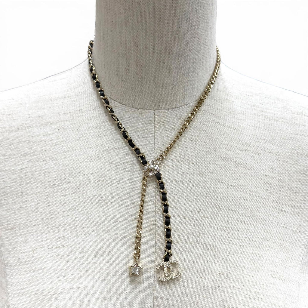 Chanel CC Logo Leather Star Clover Chain Necklace Gold Black — view 2