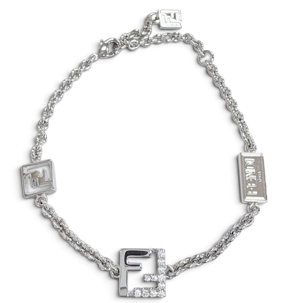 Fendi Forever FF Logo Crystal Chain Bracelet Silver