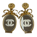 Chanel Vintage Metal CC Logo Ribbon Mirror Earrings Gold