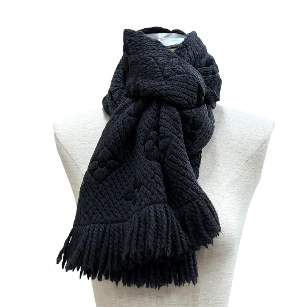 Louis Vuitton Logomania Scarf Wool Silk Blend Monogram Fringe Black — view 2