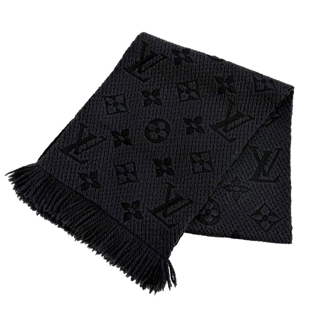 Louis Vuitton Logomania Scarf Wool Silk Blend Monogram Fringe Black