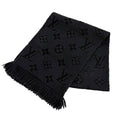 Louis Vuitton Logomania Scarf Wool Silk Blend Monogram Fringe Black
