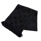 Louis Vuitton Logomania Scarf Wool Silk Blend Monogram Fringe Black