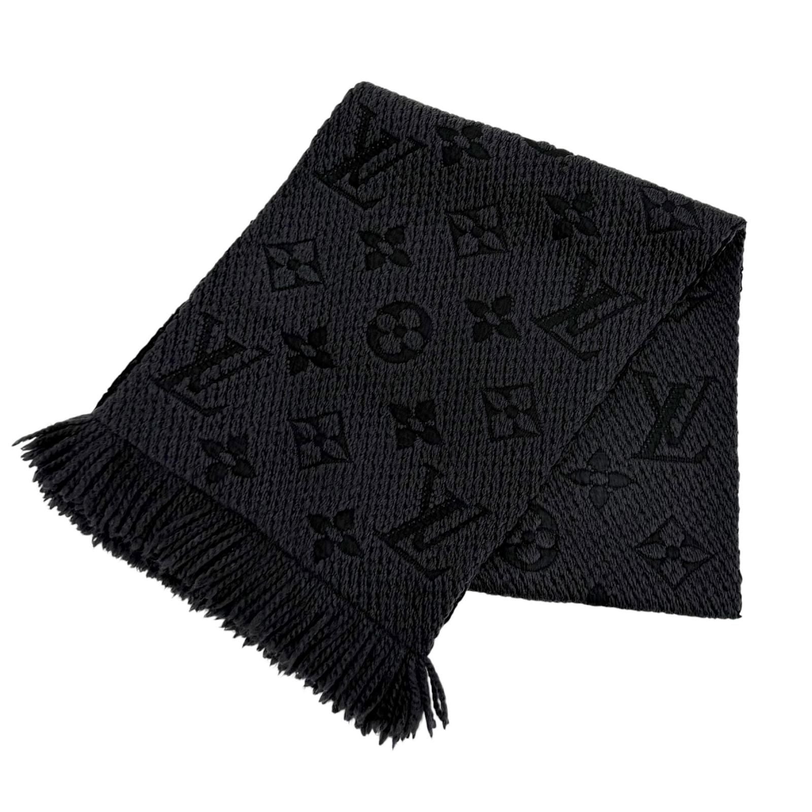 Louis Vuitton Logomania Scarf Wool Silk Blend Monogram Fringe Black